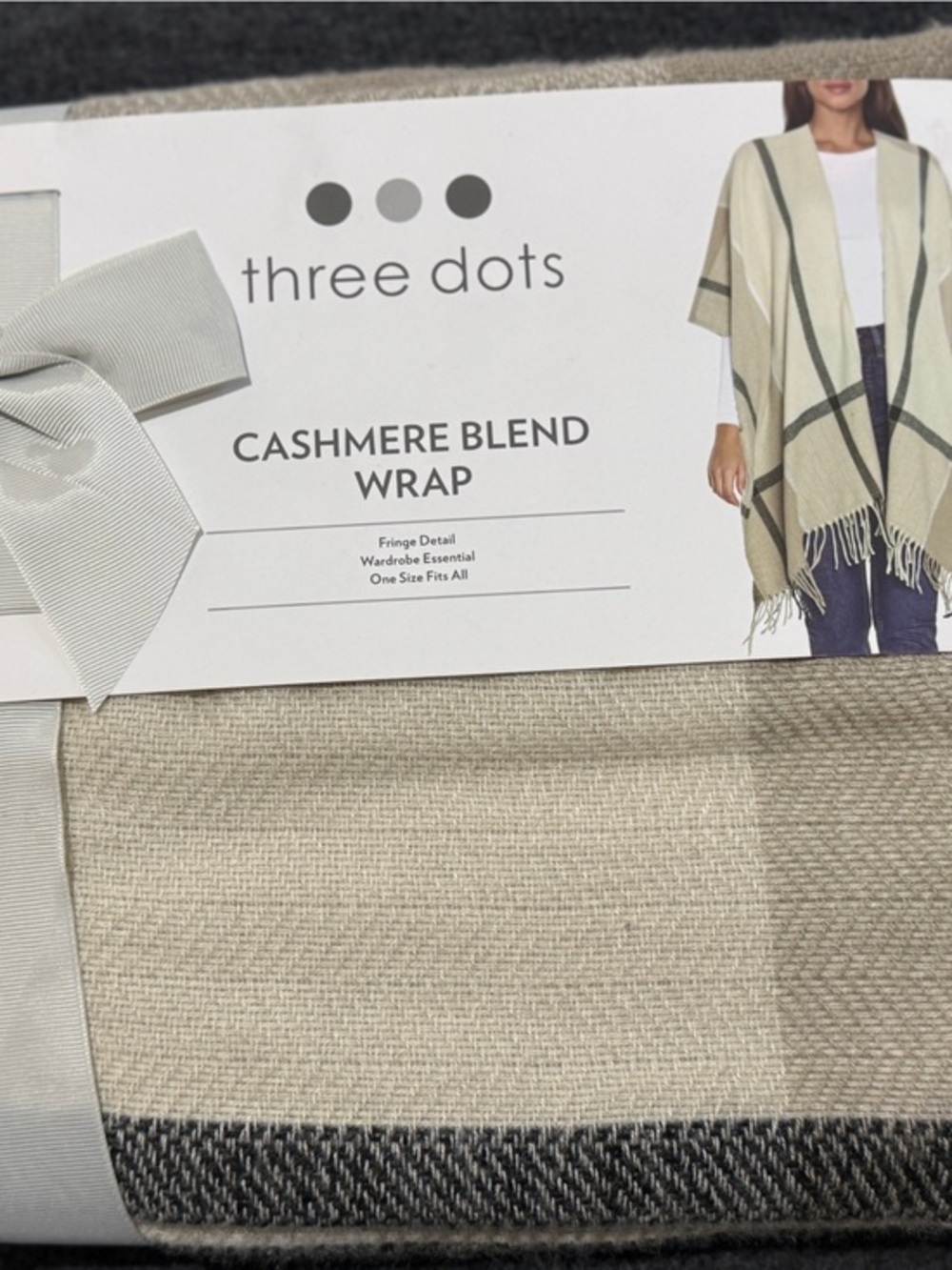 Three Dots Neutral Beige and Black Cashmere Blend Wrap. Fringe Detail. One Size.